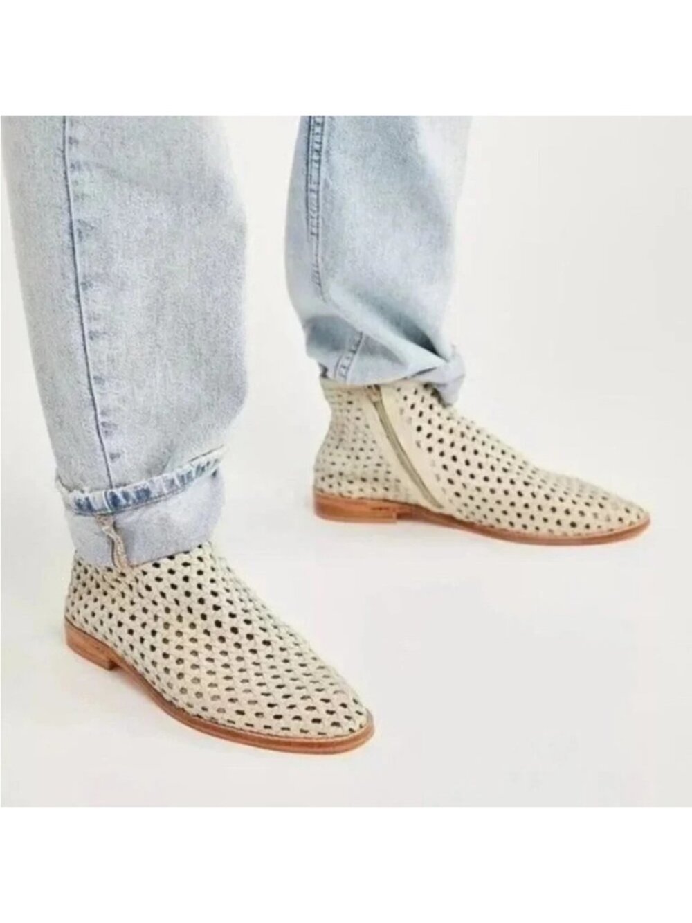 Free People Woven Leather Cayne Bootie Shoe Ivory Bone Size 41
